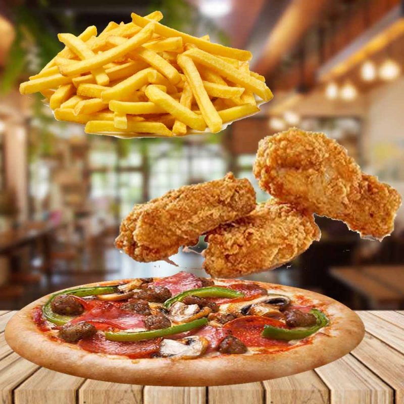 Paquete completes pizza, pollo frito y papas sabor para compartir